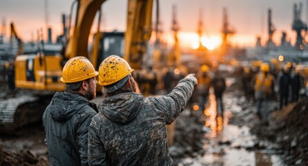 Two Construction Workers in Hard Hats Pointing at a Busy Industrial Site During Sunset