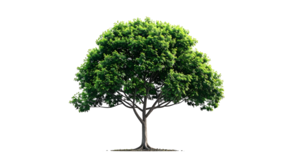 Isolated lush, green-leafed deciduous tree against a transparent black background
