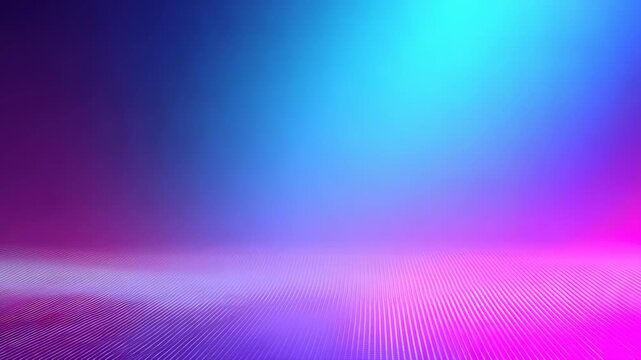 Vibrant neon abstract background with glowing blue and pink gradient lights and futuristic grid floor. Modern digital landscape perfect for technology, music, or creative visual projects