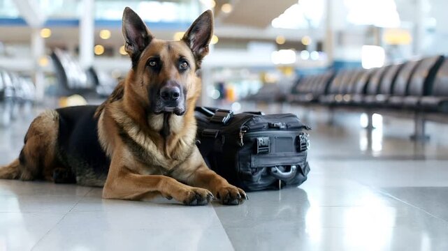 A German Shepherd dog rests in an indoor setting, possibly an airport terminal, with a black bag beside him. The dogs fur is a mix of brown and tan.