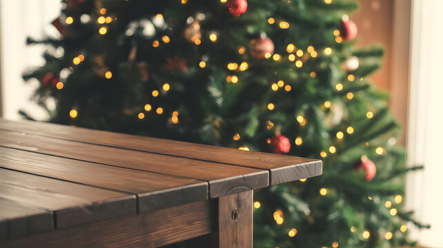 Empty rustic wooden table in the foreground, perfect for holiday product display, with a blurred christmas tree adorned with sparkling lights and red ornaments in the background, festive