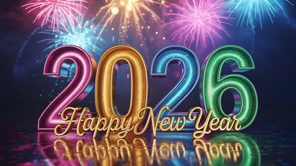 Festive happy new year 2026 celebration with colorful foil balloon numbers, sparkling fireworks, and a reflective surface, symbolizing joy, hope, and new beginnings