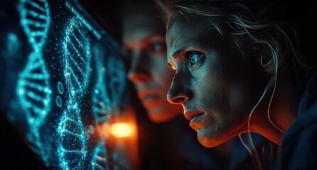 Focused Scientist Examines Glowing Blue DNA Strand Data On Futuristic Monitor In Dark Laboratory