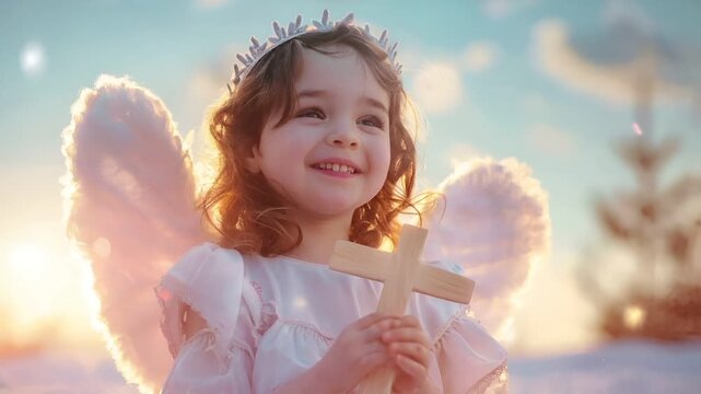 A young girl with angel wings and a crown holds a wooden cross. She is dressed in a white dress with ruffles and a tiara.