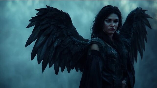 A dark, atmospheric portrayal of a woman with large, dark, feathered wings. She is depicted in a side profile, with her gaze directed away from the viewer, creating a sense of introspection.