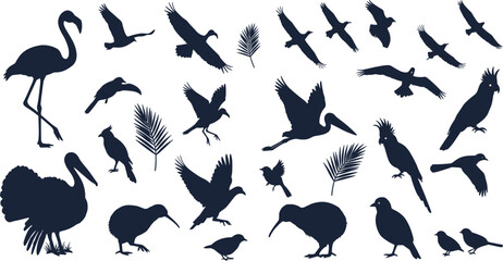 Silhouette collection of exotic birds, flying birds, tropical wildlife, flamingo, kiwi, turkey, parrot and crane, perfect for nature themed vector illustration and design projects