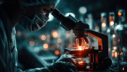 Scientist Wearing Face Mask and Cap Looks Through Microscope in Laboratory with Bokeh Lights