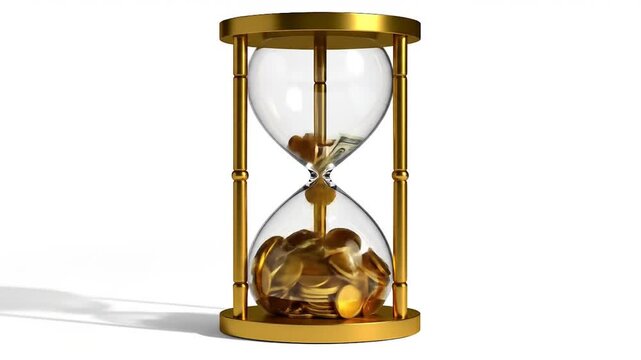 Hourglass with currency indicating the concept of time and money