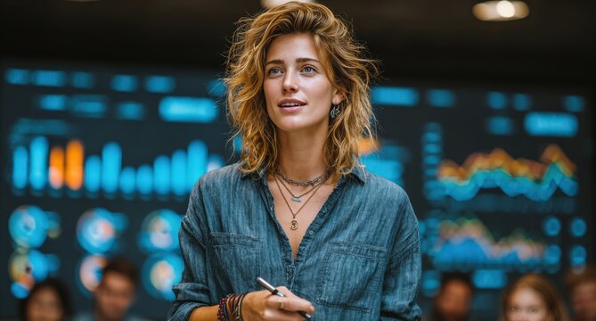 Professional Woman Presenting Data Analytics In Modern Office With Blurred Background And Digital Screens Displaying Charts