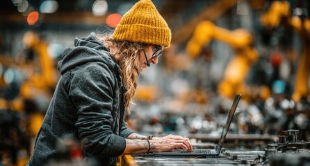 Woman With Curly Hair And Yellow Beanie Working On Laptop In Industrial Setting With Robots