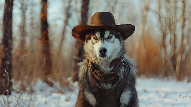 A husky dog wearing a cowboy hat and leather vest in a snowy forest setting. The dogs fur is a mix of white and gray, and its eyes are a striking shade of blue.