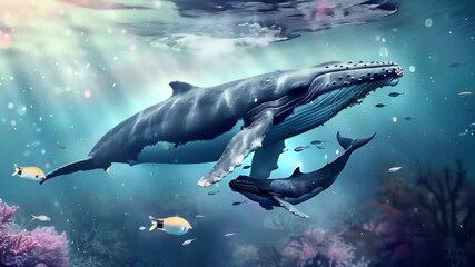 A vivid underwater scene featuring a large, majestic blue whale swimming gracefully in the ocean. The whale is depicted with a realistic style.