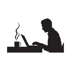 Silhouette of a person working on a laptop with a steaming coffee cup