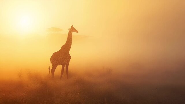 A giraffe stands in a misty landscape during sunset. The giraffe is silhouetted against the warm, golden hues of the setting sun. The misty atmosphere adds a dreamy quality to the scene.