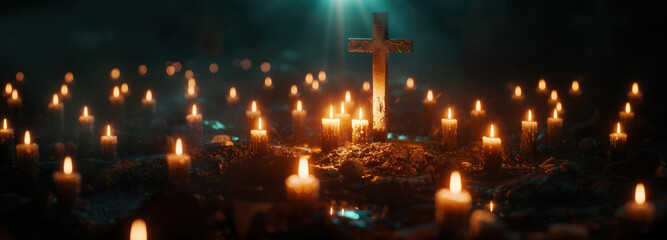 Candlelight Vigil: A somber scene unfolds, rows of flickering candles illuminate a solemn memorial, with a cross, creating a poignant and reverent atmosphere.