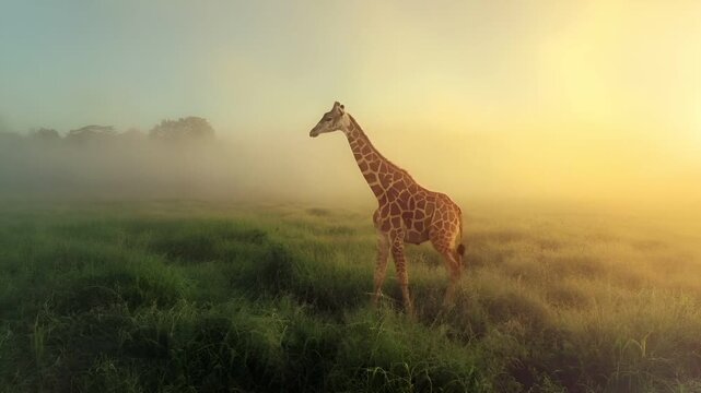 A giraffe standing in a grassy field during what appears to be either dawn or dusk. The giraffe is illuminated by the golden light of the setting or rising sun.
