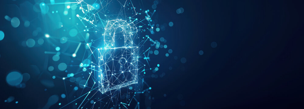Cyber Security Lock: A digital padlock, constructed of interconnected glowing nodes, symbolizing robust network security, shields sensitive data and information in the digital world.