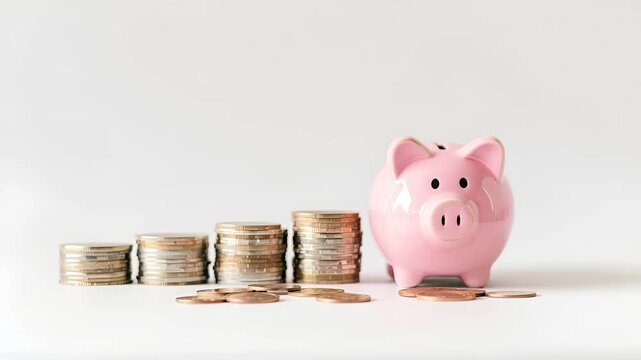 Money saving deposit financial planning concept. pink piggy bank video stock lifestyle.