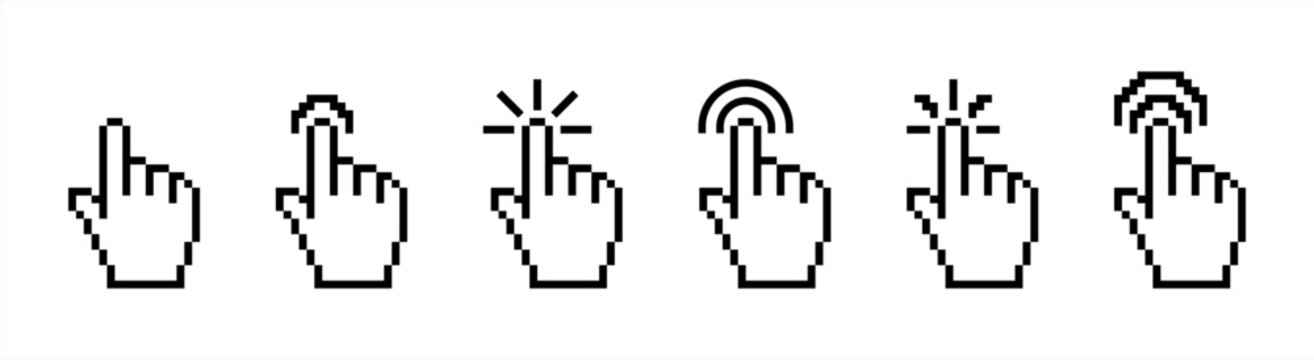 Click cursor vector icon. Computer mouse hand pointer symbol for web. Pixelated finger press or push button. Vector icon set.