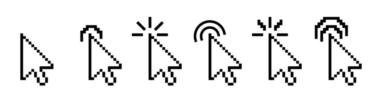 Click cursor pixel icon. Computer mouse pointer hand logo. Arrow press symbol for internet website. Digital UI UX element. Select button vector icon set.