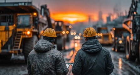 Two Construction Workers in Yellow Hard Hats Observe Sunset Over Industrial Site with Heavy Machinery