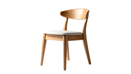 A light wood chair with white seat and curved back against a black backdrop