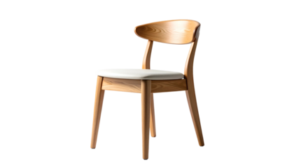 A light wood chair with white seat and curved back against a black backdrop