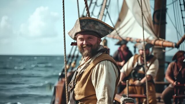 A man in a pirate costume stands on the deck of a tall ship. The ships rigging is intricate, with ropes and pulleys visible. The sky is clear, suggesting a sunny day.