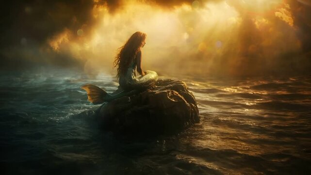 A vivid portrayal of a mermaid sitting atop a rock amidst the sea, with a backdrop of a dramatic sky and swirling clouds. The mermaids long, flowing hair cascades down her back.