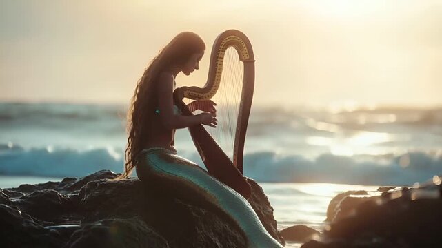A mermaid playing a harp on a rocky shoreline during sunset. The mermaids tail is a shimmering green, contrasting with the golden hues of the setting sun.
