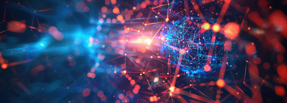 Abstract Digital Network: An artistic representation of a complex digital network, illuminated with vibrant blue and red hues, symbolizing interconnectedness, data flow, and technological advancement.