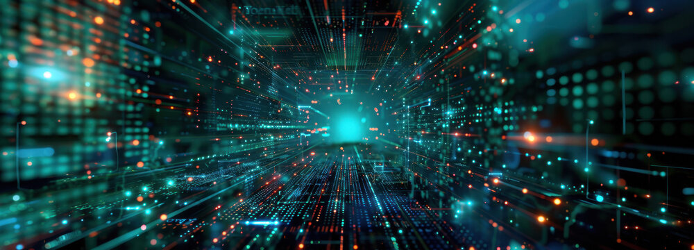 Digital Matrix of Progress: A mesmerizing corridor of data streams, illuminating the intricate pathways of technology with an ethereal glow, leading towards the future.