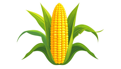 Bright illustration of ripe corn on the cob surrounded by fresh, green leaves