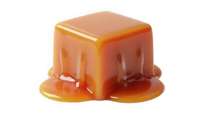 A single, sweet, goldenbrown caramel cube slowly melting and oozing its rich, sticky syrup into a delicious puddle, isolated on transparent background