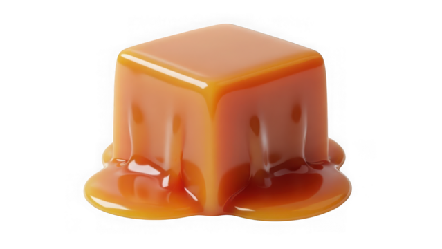 A single, sweet, goldenbrown caramel cube slowly melting and oozing its rich, sticky syrup into a delicious puddle, isolated on transparent background