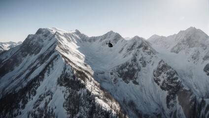 Majestic snow-covered mountain range with a helicopter soaring through the sky.