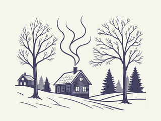 Peaceful winter cottage landscape with snowy trees, smoking chimney and serene village atmosphere in soft vintage-style holiday illustration