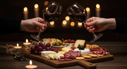 Romantic Wine Toast with Charcuterie Board and Candlelight Ambiance