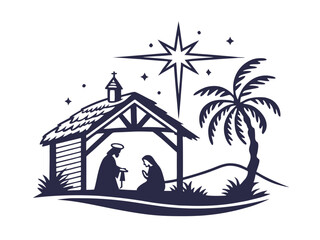 Beautiful nativity scene illustration featuring Mary, Joseph, and baby Jesus under the star of Bethlehem in serene religious Christmas artwork