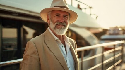 A man in a beige suit and hat stands on a boat deck during sunset. The sun casts a warm, golden hue over the scene, highlighting the textures of his clothing and the boats structure.