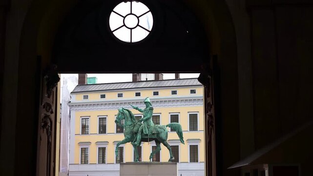 Karl XIV Johan's Statue in front of Royal Palace in Stockholm. Historic landmark in Sweden. Scandinavian travel tourism destination in Europe