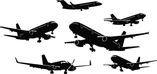 Airplane silhouette collection, commercial jet aircraft set, flying planes illustration, aviation travel concept, detailed vector airliner shapes for design