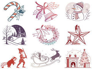 Festive Christmas holiday elements illustration with bells, snowflakes, wreaths, reindeer, stars and winter icons in clean decorative vector style