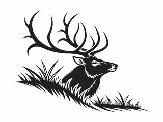 Elegant vintage reindeer head illustration with detailed antlers, winter forest atmosphere, monochrome Christmas wildlife artwork for holiday decorations