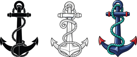 Anchor illustration set with rope, nautical marine symbol in silhouette, outline and colored style for sailing, ocean themes and maritime design © Md