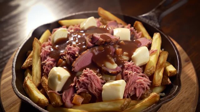 A close-up of a gourmet poutine dish with pulled meat, cheese curds, and rich gravy served in a cast iron pan