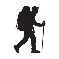 Silhouette of a hiker with backpack and trekking pole