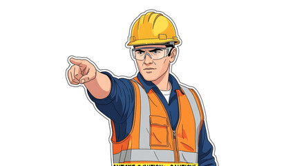 Site manager or engineer in protective workwear directing and giving a warning, character illustration isolated on white