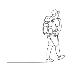 Backpacking hiker walking away in minimalist line art