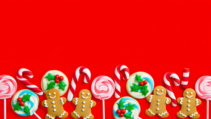 Naklejka premium Holiday Sweet Treats: A colorful array of festive treats, including gingerbread man cookies, lollipops, and candy canes, arranged against a vibrant red backdrop.